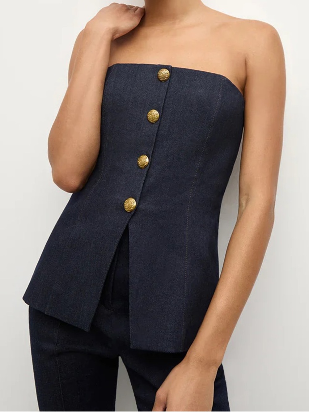 Veronica Beard Forman Top NWT Size 6 Strapless Denim Gold Button Bustier Corset